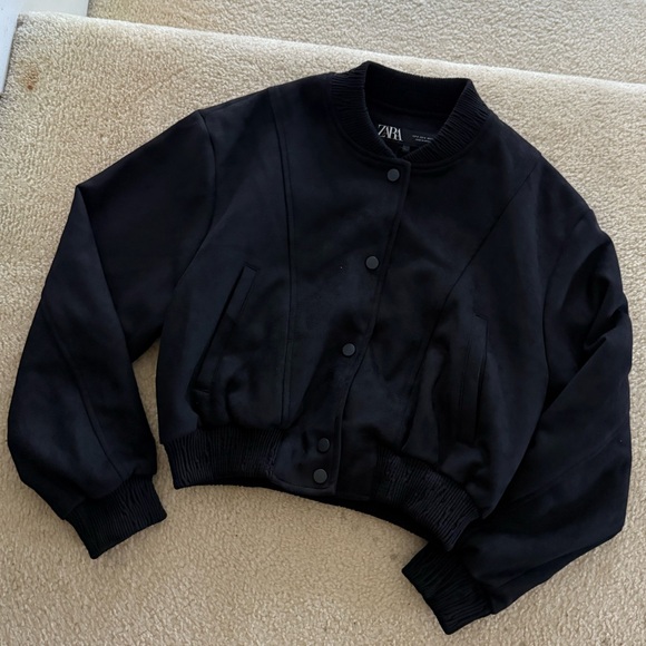 NEW Zara Women's Classic Faux Suede Black Bomber Jacket - Picture 1 of 5